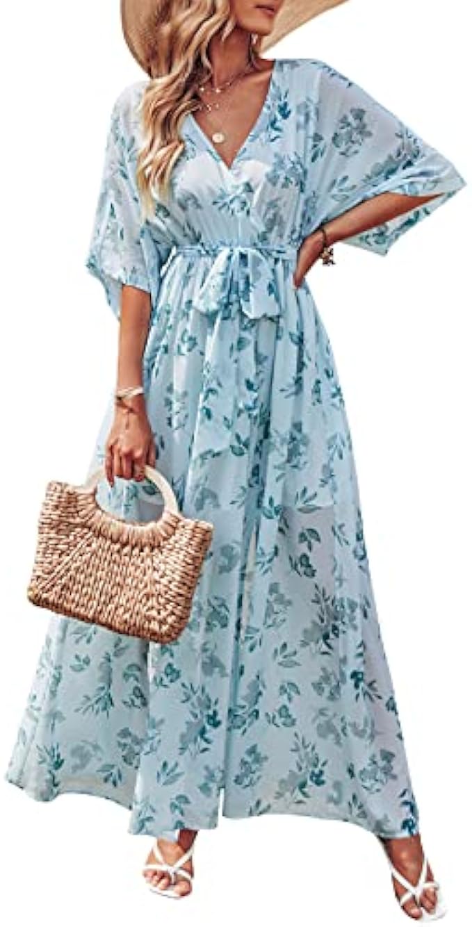 ANRABESS Women’s Summer Loose Kimono Maxi Dress Wrap V Neck 3/4 Sleeve Floral Print Slit Long Dresses