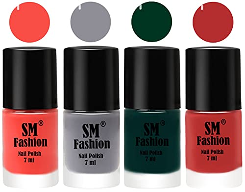 Image of Nail Polish Combo Set (Pack of 4) Quick Dry Gel Finish Nail Paint | Coral,Gray,Dark Green,Coral Pink | 7 ml Each