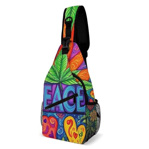 Fashion Chest Bag, Unisex Small Day Pack, Peace And Love Colorful Flower Weed Leaf Cross Body Sling Pack For Travel Hiking