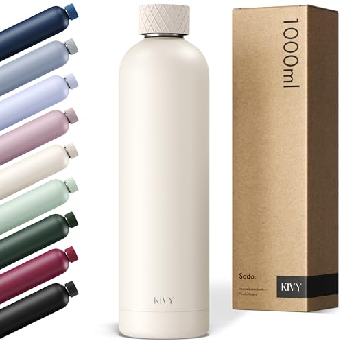 KIVY Isolierte Trinkflasche 1l Edelstahl - Auslaufsichere Thermosflasche 1l - Kohlensäure geeignet - Trinkflasche isoliert - Gym Flasche Sport - Thermo Wasserflasche Beige - Isolierflasche