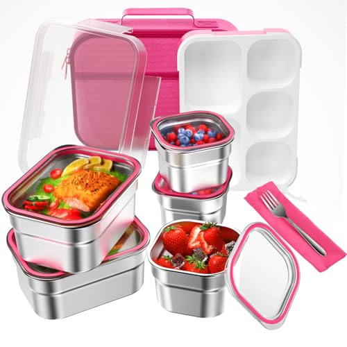 DaCool Edelstahl-Lunchbox Bento für Kinder Erwachsene, auslaufsicher, BPA-frei, Metall-Lunchbehälter, Tablett, 5 Fächer mit Gabel für Mädchen, Lebensmittel-Snack-Behälter für Schule und Outdoor, Rosa