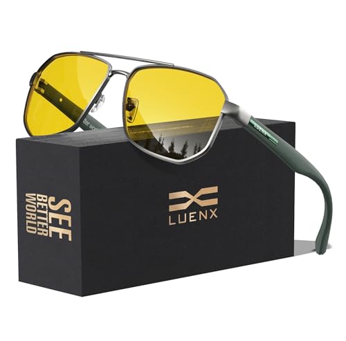 LUENX Night Vision Driving Glasses, Aviator Sunglasses for Men Square Polarized Polygon Yellow Lens 61mm