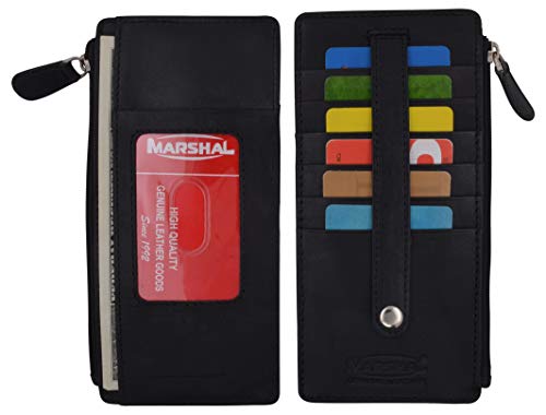 Marshal Leather All in One Card Case Holder Slim Wallet With a Card Protection Strap (Black)