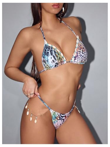 MakeMeChic Women's Bikini Set Leopard Print Halter Triangle Tie Backless Thong Bathing Suit2