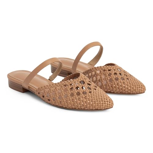Image of Mesh Mules for Women Comfy Raffia Woven Strap Closed Pointed Toe Mule Flats Casual Slip on Dress Slides Flats