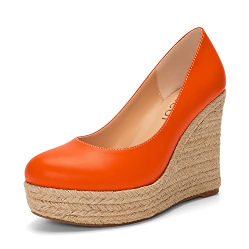 Aachcol Women Platform Wedge Chunky Block High Heel Pumps Slip-on Round Close Toe Dress Shoes Party Matte 4 Inch - Main Image