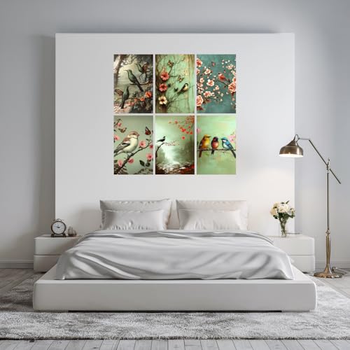 Image of SiddArtify Bird Wall Art Poster Print Set - Vintage Floral Bird Prints for Living Room Bedroom Decor - 12x18 inch Sticker Pack of 6