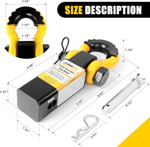 Image of MaxxHaul 51228 15,000 lb Capacity Hitch Mount Trailer Recovery Shackle Tow Hitch with Magnetic 3 /4 inch D-Ring Shackle for 2 inch Receiver with 2 inch Solid Shank for Off-Road Operation