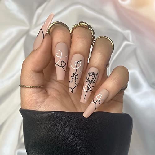 Press on Nails Medium Length Coffin Fake Nails Abstract lines Acrylic False Nails with Designs Heart Abstract Face Rose Full Cover Stick on Nails with Glue Manicure Tips for Women and Girls 24PCS