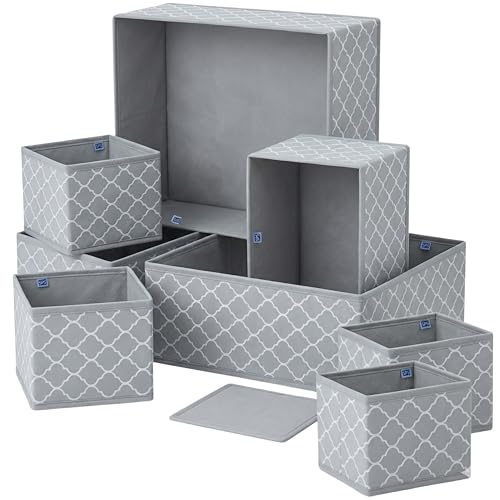 Image of Skrill 8-Piece Foldable Cloth Storage Box Set | Cube Baskets, Bins & Dividers for Closet & Dresser Drawer Organization | Storage for Shirts, Pants, Underwear, Bras, Socks & More (Quatrefoil Grey)