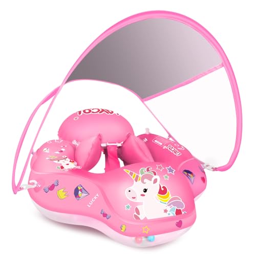 LAYCOL Flotador para bebé con toldo extraíble, bola de flotabilidad extraíble para evitar que se vuelque, ayuda a la piscina para bebés a partir de 3 a 36 meses (unicornio, XL)