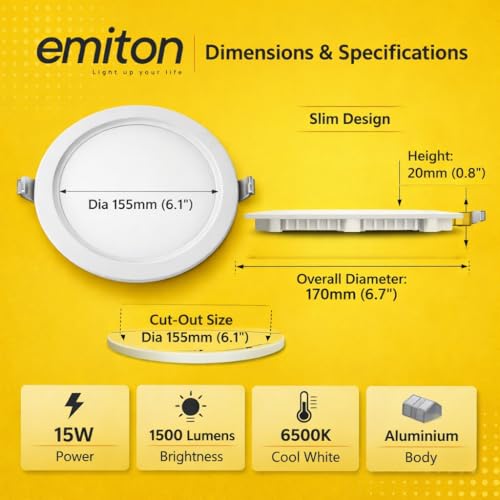 Image of EMITON LED Slim Panel Light | 15W Round Ceiling Panel Lamp | Natural White 4000K | 1500Lm LED Output | Aluminium Body | Indoor False Ceiling Light for Home Office Kitchen Bathroom | White