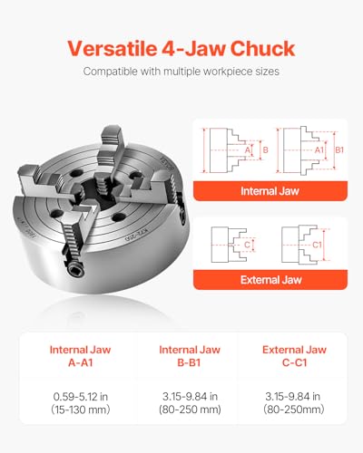 VEVOR 4-Jaw Lathe Chuck, 10 in (250 mm), 0.6-9.84 in (15-250 mm) Clamping Range with T-Key Fixing Screws Reversible Jaws, HT300 Cast Iron Material, Internal External for Wood Metal Lathe
