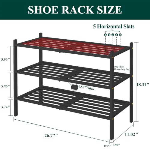 Image of Smiry Bamboo Shoe Rack, 5 Horizontal Slats, 3 Tier - 26.8 inch Wide, Black