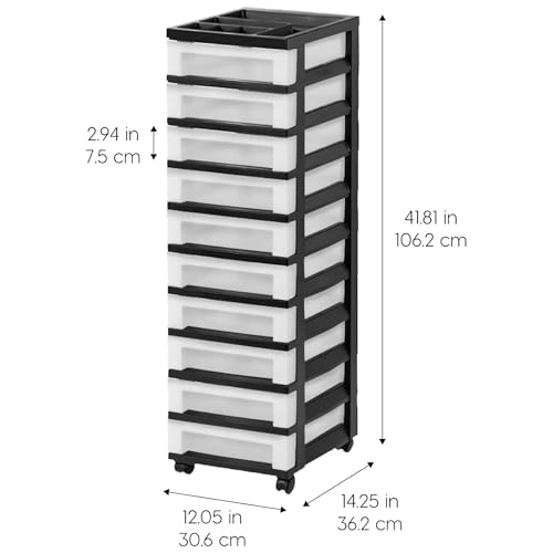 Image of IRIS USA Plastic Drawer Storage Organizer Rolling Cart, 2-Pack, with Wheels Casters, 10-Drawers, for Classroom Art Craft Supplies Dresser Closet Bathroom Laundry Room, Black /Pearl