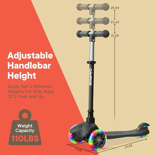 Black Mini 3 Wheel Scooter for Kids – Lean-to-Steer with LED Light-Up Wheels, Adjustable Handlebar, Wide Anti-Slip Deck, Smooth PU Wheels, Rear Foot Brake – Toddler Scooter for Ages 2+ by Campior - Image 6