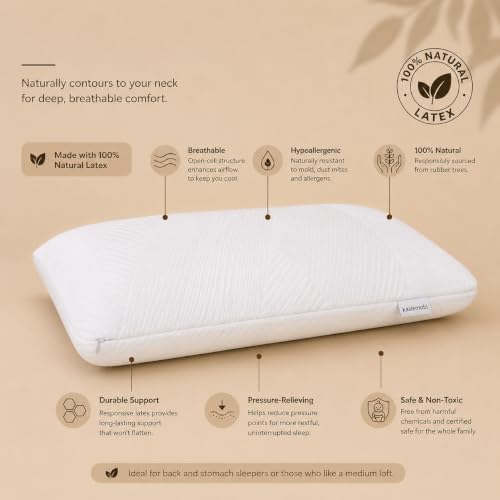 Image of kasiemobi Standard 100% Latex Pincore Pillow with Knitted Zipper Cover | Natural Latex Fill, Knitted Fabric Zipper Cover | Sleeping, Head and Neck Support | White Color, Unisex Use
