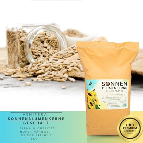 Venitera Sonnenblumenkerne geschält 5kg frisches Vogelfutter Wildvögel Ganzjährig Futter - natürliches Vogelfutter Sonnenblumenkerne reich an Fetten und Eiweißreiches