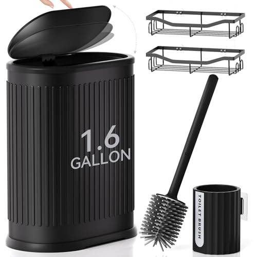 Small Bathroom Trash Can with Toilet Brush, 1.6 Gallon Black Stainless Steel Garbage Can with Lid,Slim Wastebasket with Shower Caddy for Bathroom Bedroom
