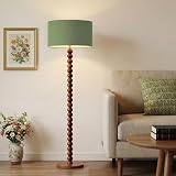 Buruis 60.6 Inch Beaded Walnut Wood Floor Lamp with Linen Shade, Green