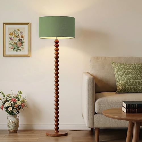 Buruis 61 Beaded Wood Floor Lamp with 17.2 Large Linen Shade Retro Mid-Century Accent Walnut Finish Standing Lamp for Living Room Bedroom Office Corner UL Listed Bulb Not Included Green