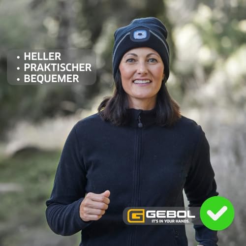 Gebol Gorro LED negro | Linterna frontal en gorro de punto | Gorro con rayas reflectantes | Puerto USB para cargar | 60 minutos de duración de luz | 4 niveles de luz | Unisex | Negro | 1 pieza - imagen 2