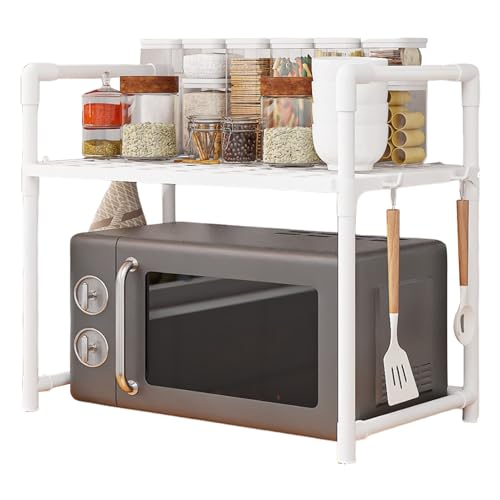 Generico Estante Para Microondas Con Ganchos – Organizador De 2 Niveles En PP/Acero | Soporte Amplio Para Especias, Pan, Cocina, Mesa, Baño Y Despensa, Desmontable Y Fácil De Instalar