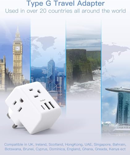 Image of 2 Pack US to UK Ireland Travel Plug Adapter, Type G Power Plug Adapter with 3 Outlets 3 USB Ports(1USB C), European Travel Plug Adapter for USA to England London Scotland British Qatar Irish Hongkong