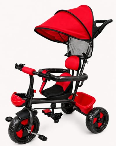 Image of Kids Tricycle with Canopy, Red and Black, Parental Push Handle, Storage Basket, Toddler Ride-On