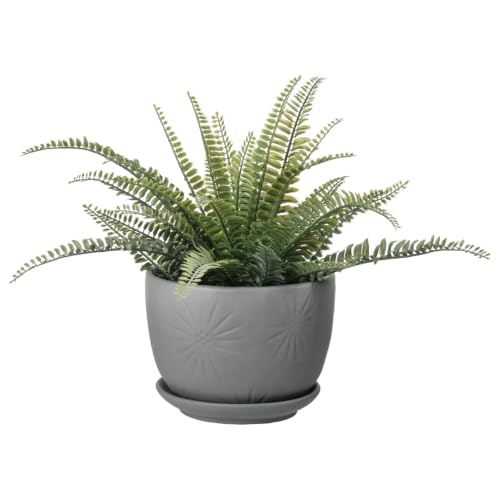 MyGift 7 Inch Grey Ceramic Plant Pot with Drainage Hole and Attached Saucer, Modern Decorative Embossed Sunburst Planter Container for Indoor Home Garden