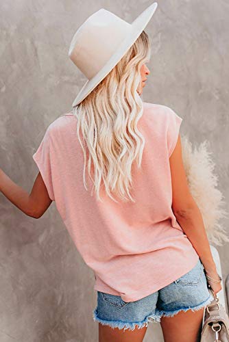 Ancapelion Women’s Casual Summer T-Shirt Pink Knit Pocket Tee Comfy Cap Sleeve Shirt Blouse Top Medium #TOP1
