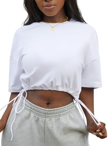 LovelyWholesale Graphic Tees for Women Drawstring Crop Tops Summer Short Sleeve T Shirts3