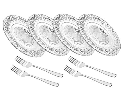Godinger Dublin Dessert Plates and Forks, Appetizer & Salad Plates with Utensils - Set of Four - Clear Crystal, 7in