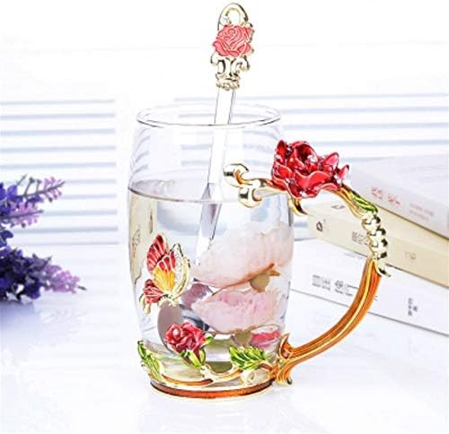 ステンレス鋼スプーンコースター付きエナメル透明なガラスコーヒーティーマグ青いバラ耐熱カップセットと拭き布 Color 注目ブランド D