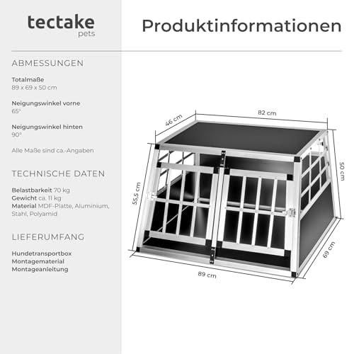 tectake® Hundebox Auto oder Hundebox für Zuhause. Aluminium Doppel Hundetransportbox, leicht und stabil, Auto Kofferraum Transportbox für bis zu 2 Hunde - 89 x 69 x 50 cm