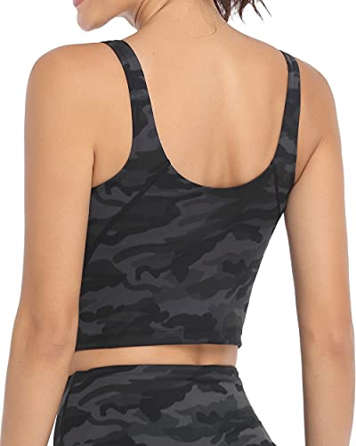 Image of Oalka Sports Bra Womens Longline Padded Crop Yoga Tank Tops | Built in Bras, Workout, Athletic, Fitness, Super Soft, Comfort, Cropped Top, Removable Pads, Heart Neckline For Women
