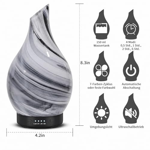 Aroma Diffuser aus Glas Ultraschall Aromatherapie Diffusor für ätherische Öle, 7 Farben-Beleuchtung, Automatische Abschaltung, Luftbefeuchter Elektrisch Duftlampe für Schlafzimmer Büro Spa 150ML – Bild 2