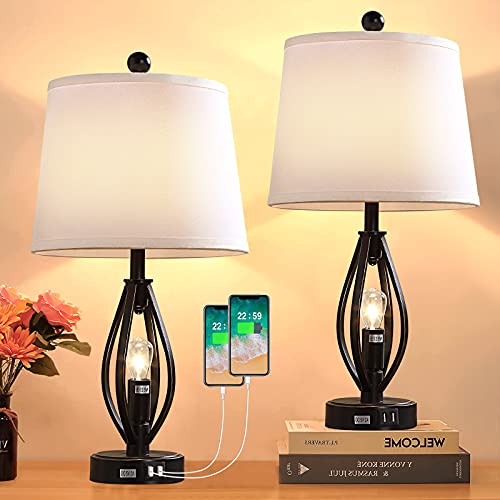 🔥 Flash Sale Pauwer USB Table Lamps Set of 2 with Night Light Black Metal Bedside Desk Table Lamp Nightstand Light with USB Charging Port for Bedroom Living Room