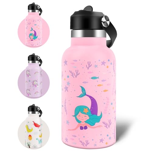 AMFUN Botella de Agua para Niños de Acero Inoxidable 350ml, Rosa Botella de Agua Aislada, Botella Termica con Pajita, Reutilizable, Sin BPA, Doble Pared, Sin Fugas, Asa de Transporte