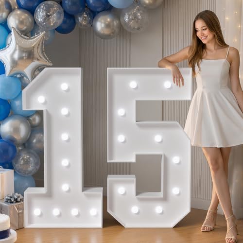 Image of JoyMuse 4FT 15 Marquee Numbers, Large Light Up Numbers 15 for 15th Birthday Decorations Cool White Light Number 15 for Anniversary Birthday Party Decor