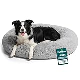 Furhaven 36" Round Calming Donut Dog Bed for Large/Medium Dogs, Refillable w/ Removable Washable Cover, For Dogs Up to 75 lbs - Shaggy Plush Long Faux Fur Donut Bed - Mist Gray, Large