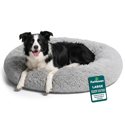 Furhaven 36" Round Calming Donut Dog Bed for Large/Medium Dogs, Refillable w/ Removable Washable Cover, For Dogs Up to 75 lbs - Shaggy Plush Long Faux Fur Donut Bed - Mist Gray, Large