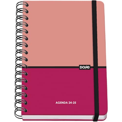 Dohe - Agenda Escolar 2024 2025 - Semana Vista, Tamaño A5 (15x21 cm), Cierre Anillas y Goma, Español e Inglés, 4 Páginas de Pegatinas, Septiembre a Junio, Material Escolar - DUO Rosa