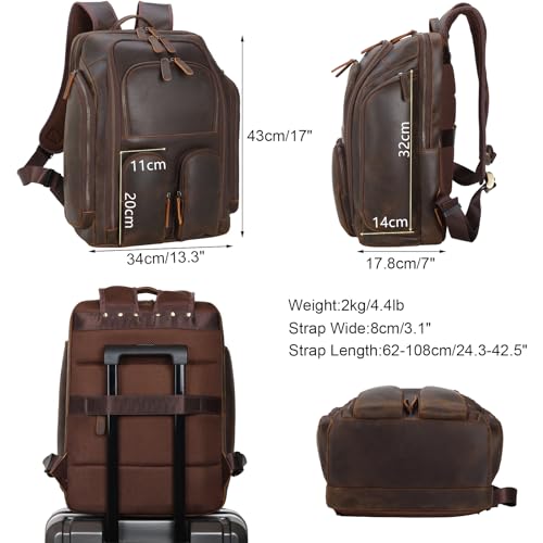 Masa Kawa Leather Backpack for Men with 16" Laptop & Camera Lens Sleeve, Multi Pockets Weekend Trip Business Travel Overnight Camping Bag, Vintage Brown - Image 4