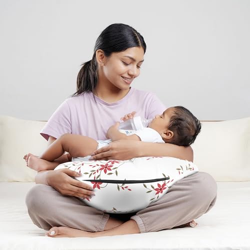 Image of Wakefit Feeding Pillow for New Born Baby | 3 Months Warranty | 5 in 1 Nursing Pillow for Breastfeeding with Cotton Removable Cover | Sakura White
