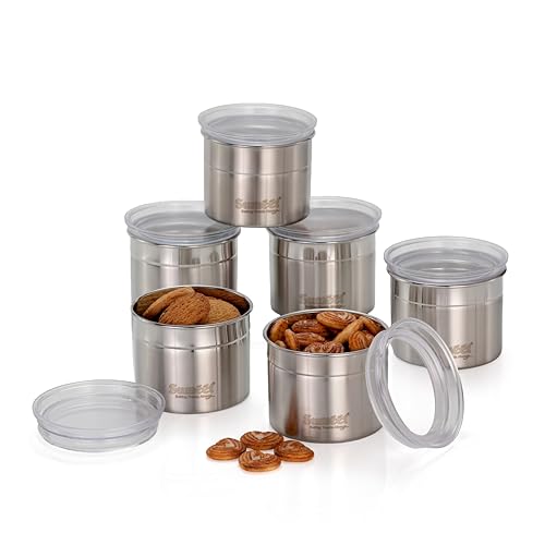 Image of Sumeet ISI Certified Stainless Steel Small Canisters /Dabba /Storage Containers for Kitchen with See Through Air Tight Lid - Set of 6 Pcs - 550ml, 10cm Dia, Silver