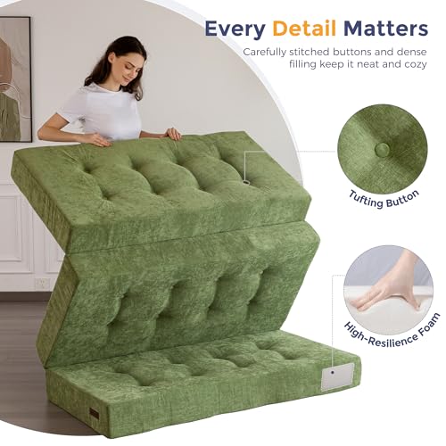 Image of MAXYOYO 6 inch Folding Sofa Bed for Floor, Tufted Tri-Fold Floor Mattress with Chenille Fabric, Full Size Portable Sofa Couch Guest Mat for Adults, Foldable Topper for Camping, Green, 53 inchx75 inch