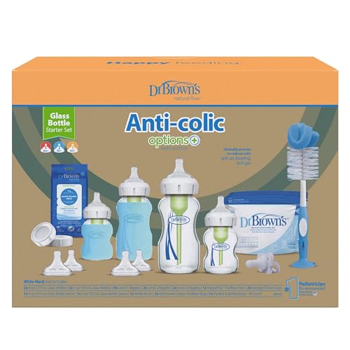 Image of Dr. Brown's Natural Flow Anti-Colic Options+ Wide-Neck Glass Baby Bottle Starter Set with 100% Silicone Glass Bottle Sleeves, Baby Bottle Brush, Prevent Pacifier and Pacifier and Bottle Wipes