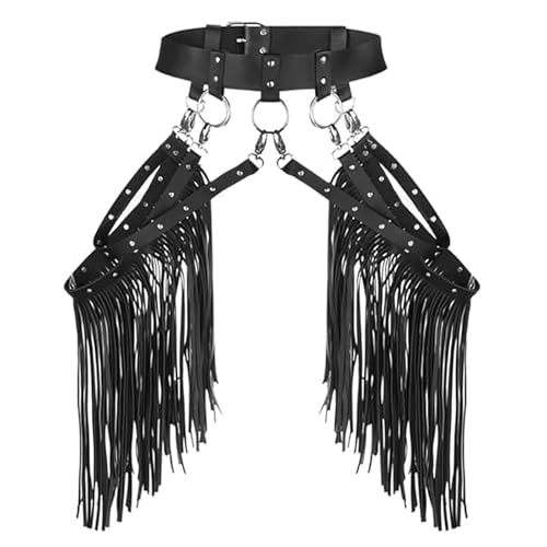 JIAHG Womens Black Tassel Waist Belt Vintage PU Leather Punk Long Fringe Belt Adjustable Gothic Body Harness Waistband for Halloween Cosplay Fancy Party Dress Costume
