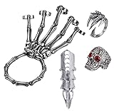 LAKIYOYO 4pcs Halloween Skull Skeleton Hand Bracelet with Ring Punk Wristband Skull Fingers Hand Bracelet Skeleton Ring Hallowmas Gifts Jewelry (black skull hand bracelets)